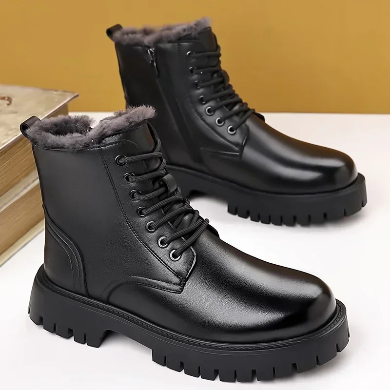 2024 High-Top-Herren-Lederstiefel, reines Wollfutter, Knöchel-Schneestiefel für Herren, warmer Business-Casual-Lederschuh, Herren-Motorradstiefel