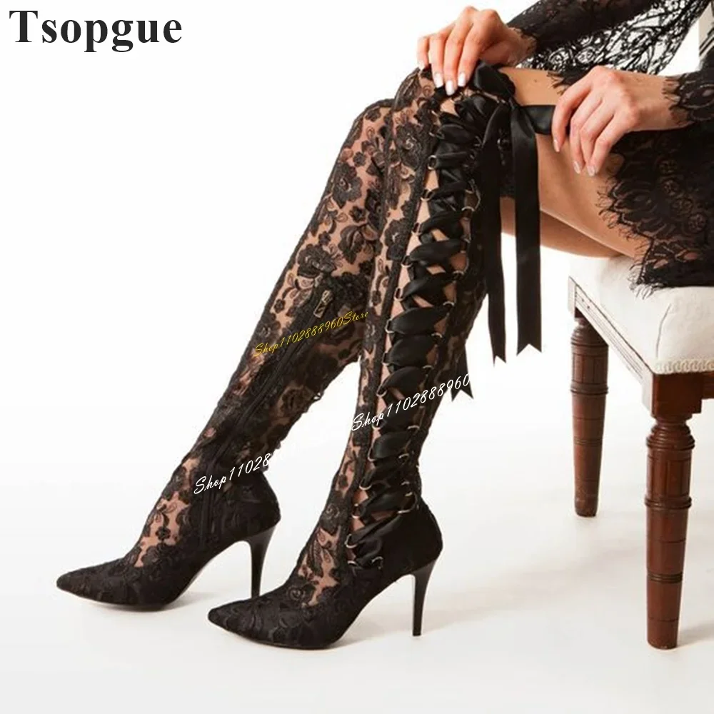 

Trendy Knee High Black Lace Cross Ribbon Pointy Boots Thin High Heel Shoes For Women Side Zipper Pointed Toe Stylish Women Boots