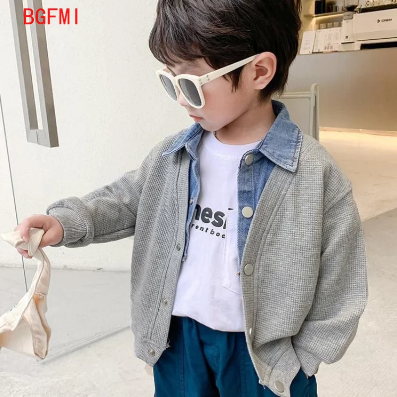 Children\'s clothing for boy Coat Spring Autumn Jacket Denim collar Patchwork top Fake two shirts Kids Outerwear 2-9 Y