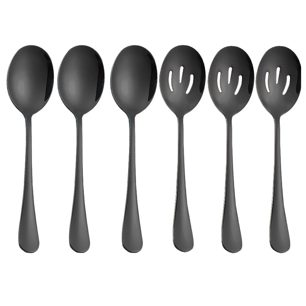 6pc Stainless Steel Gold Serving Spoons Set Slotted & Solid Spoon For Buffet Party Banquet Dinner Soup Spoon Tablespoon Kitchen