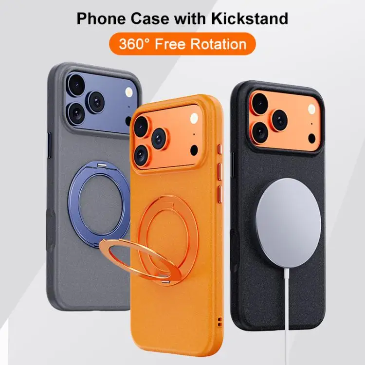 

For IPhone 17 16 Pro Max Boundless Series Rock Sand Magnetic Phone Case with 360 Degree Rotating Alloy Stand New