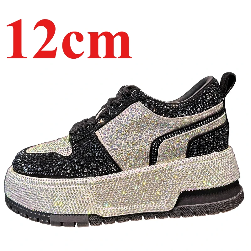 

European/American 12cm Increased Shoes's for Women Genuine Leather Casual Thick Bottom Increasing Shoes Rhinestone Board Shoes