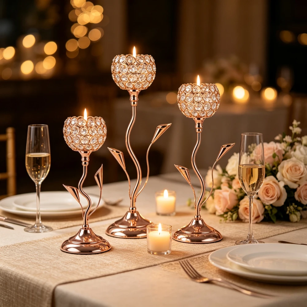 3Pcs Iron Flower Shaped Candlestick Vintage Gold Crystal Candle Holder Elegant Table Centerpiece for Wedding Home Decor