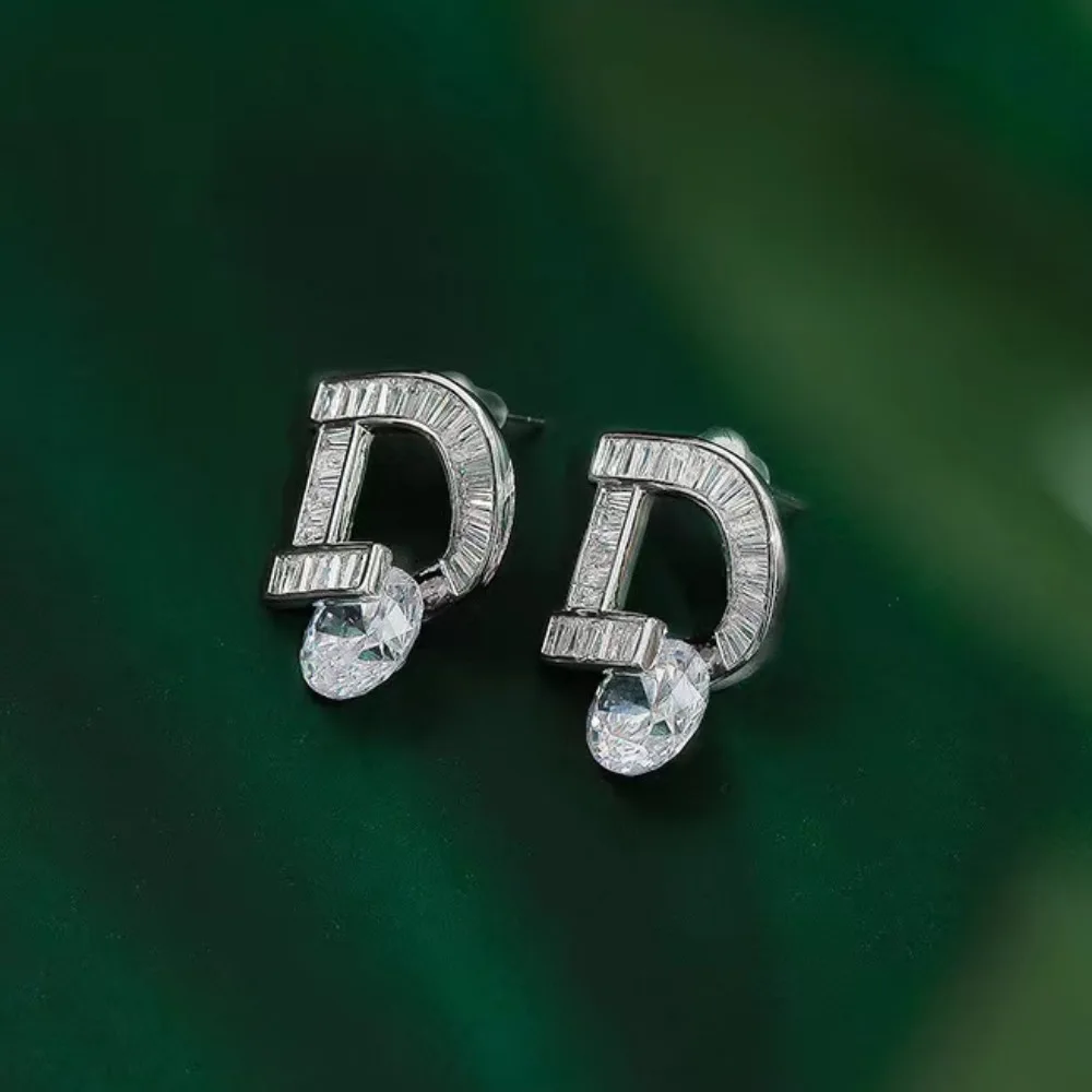 Japanese and Korean Fashionable Women's Earrings. D Letter Inlaid with Zircon, Popular Women's Earrings on the Internet