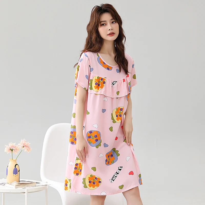 

Nightdress women's summer short-sleeved thin loose oversized anti-convex mid-length summer home dress