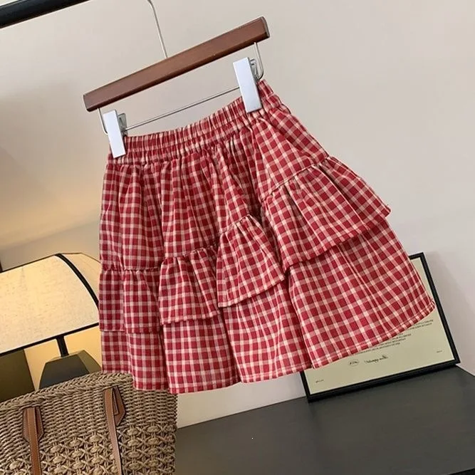 Girls Red Plaid Cake Skirts Children Elastic Infant Babys Ruffle A-line Skirts Kids Bubble Skirt New Toddler Princess Clothes