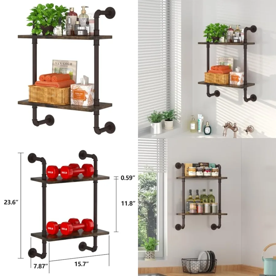 

2 Tier Industrial Pipe Floating Bathroom Shelves, Rustic Wood Wall Mounted Shelf, Storage Rack Sundries Holder for Kitchen Offi