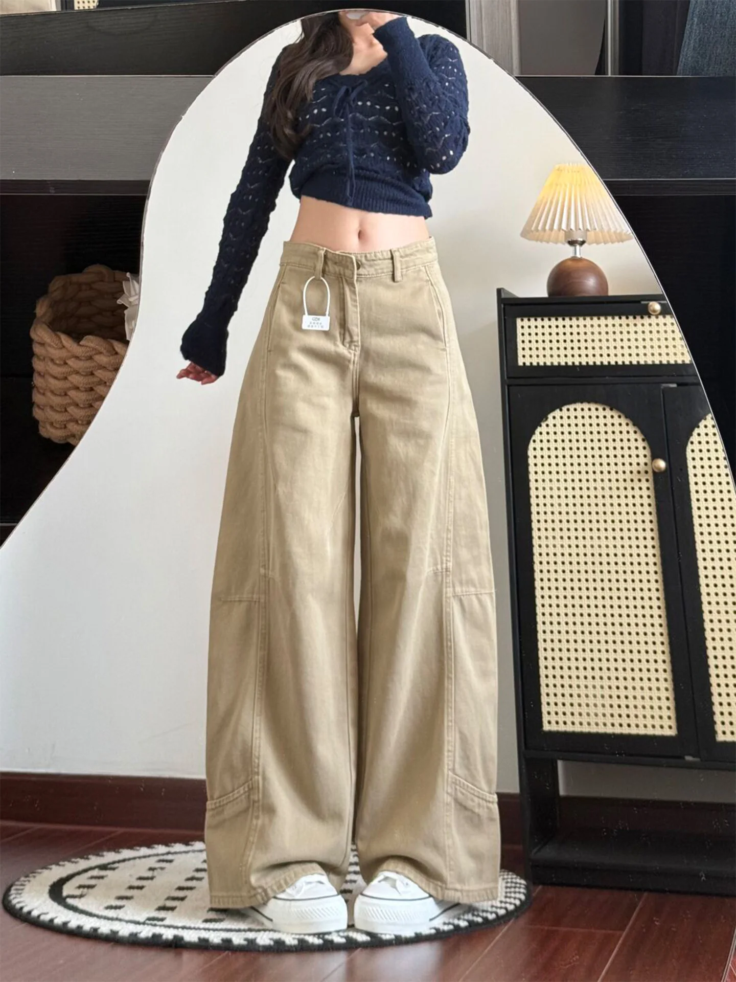 

plus Size American Style Khaki Wide Leg Jeans Women's Summer New BF Lazy Style Narrow Version Loose Trousers Casual High Wais...