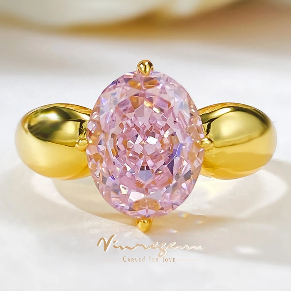 

Vinregem 8*10 MM 4CT Oval Lab Pink Sapphire Gemstone Vintage 18K Gold Plated 925 Sterling Silver Women Ring Engagement Jewelry