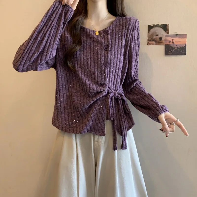 

French Chic Purple Slanted Collar Irregular Tied Long Sleeve Shirt