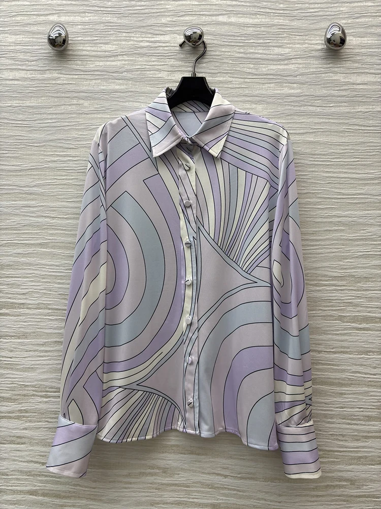 Spring Summer Fashion Daily Indoor Casual Geometric Print Blouses Women's Turn-down Collar Long Sleeve Single Breasted Shirt