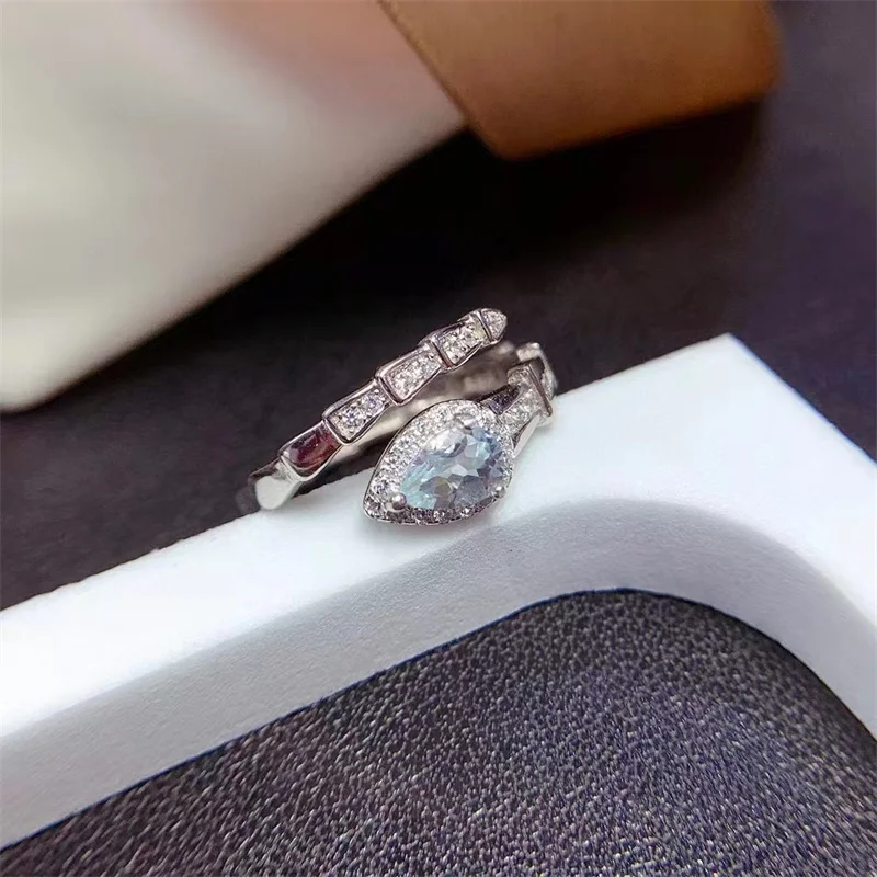 925 Sterling Silver Natural Aquamarine Wedding Ring for Women Snake Shape Birthday Gift Fine Jewelry with Certificate view 3