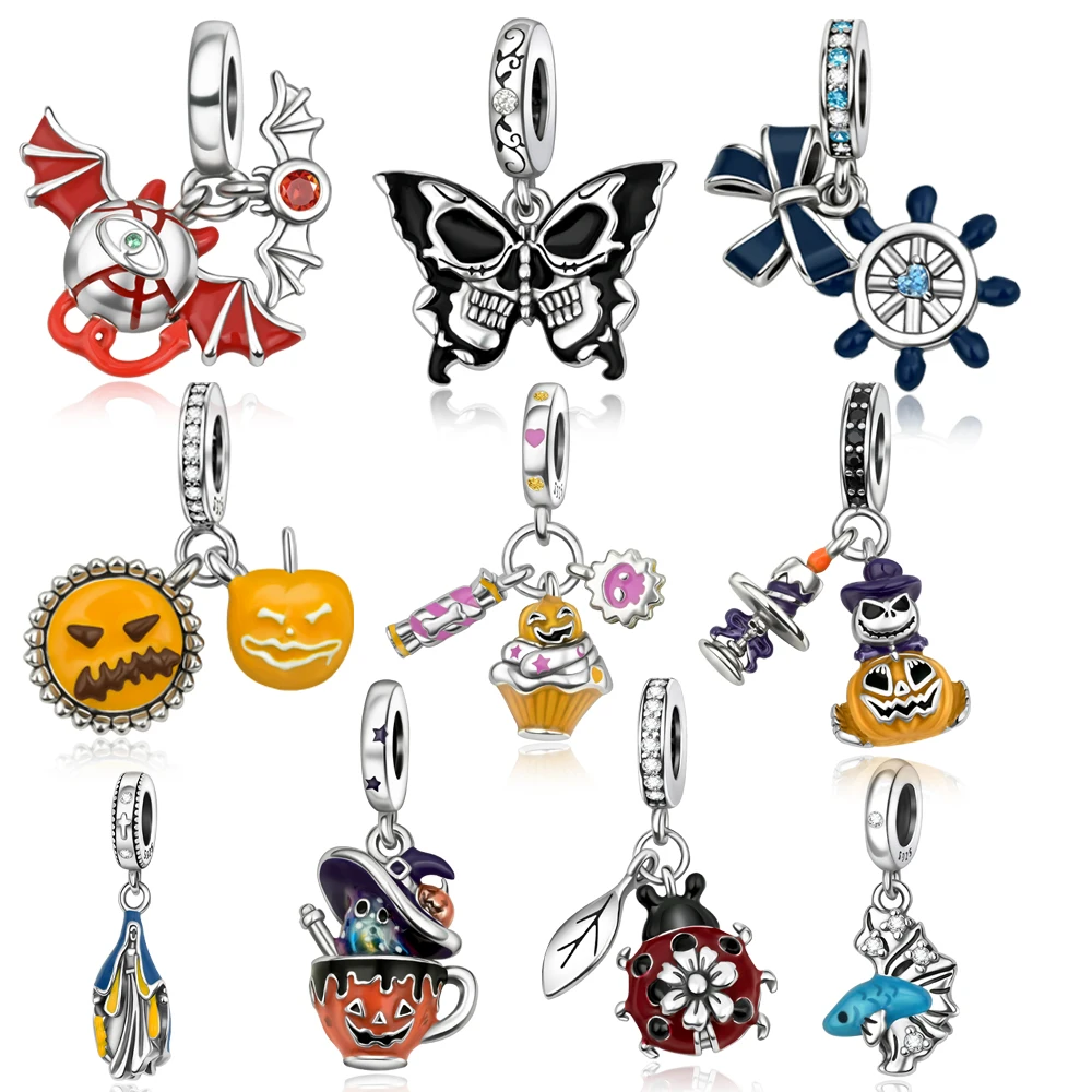 

Серия украшений на Хэллоуин: подвески из стерлингового серебра 925 пробы с красными летучими мышами, черными бабочками, божьими коровками и тыквами, подходят для браслетов известных брендов, необычные украшения.