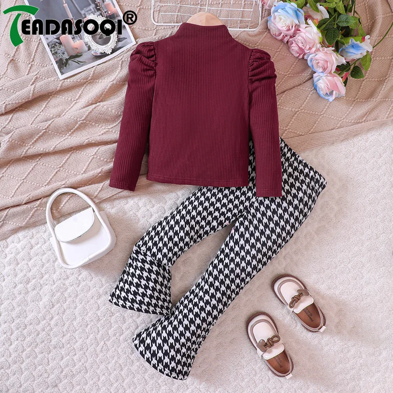 5-10Y Autumn Winter Kids Girls Outfits Sets 2Pcs Knitted Long Sleeve Top+Thousand Bird Plaid Flared Pants Bottoms Children Suits