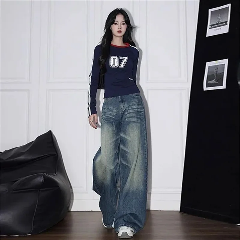 

American Female Sickle Denim Pantalons Retro Ladies Fashion Wide Leg Cowboy Trousers Spring Autumn Women High Waist Casual Jeans