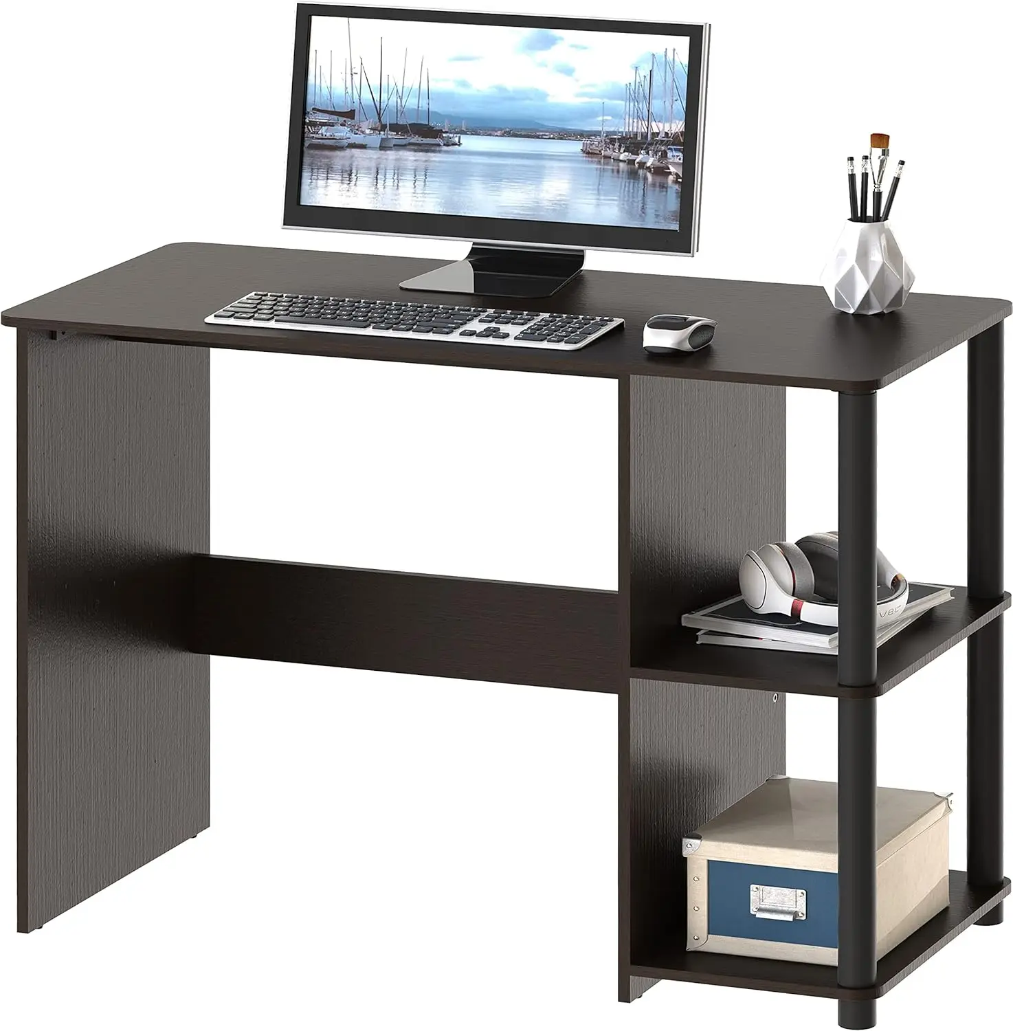 Compact Home Office Desk with Shelves, Espresso Quick Assembly