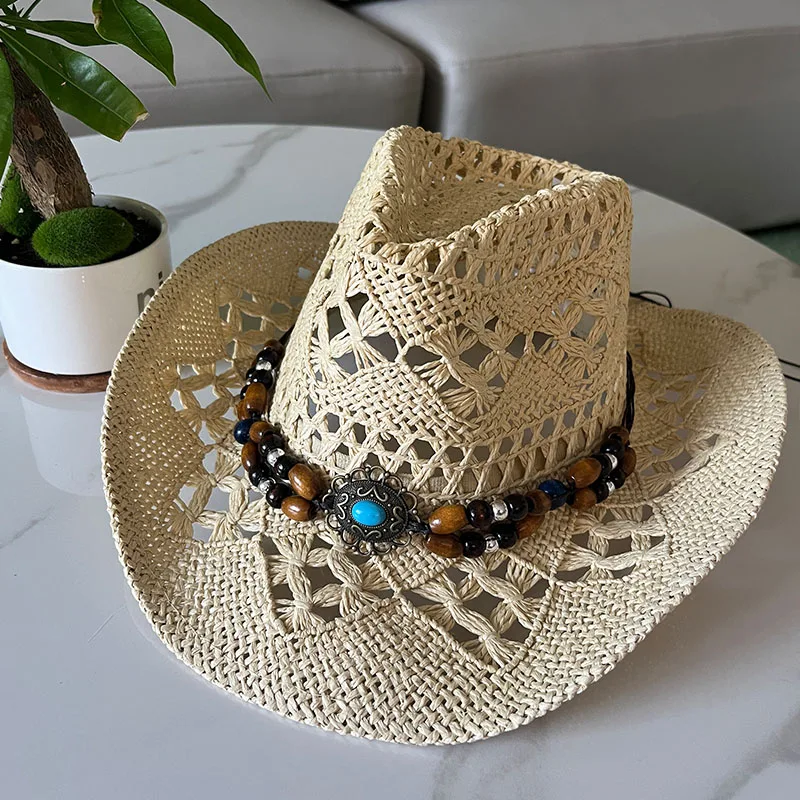 Vintage Summer Beach Bohemian Straw Hat Shell Women Men Western Cowboy Hats Wooden Beads Hollow Out Sun Hat Holiday Cap