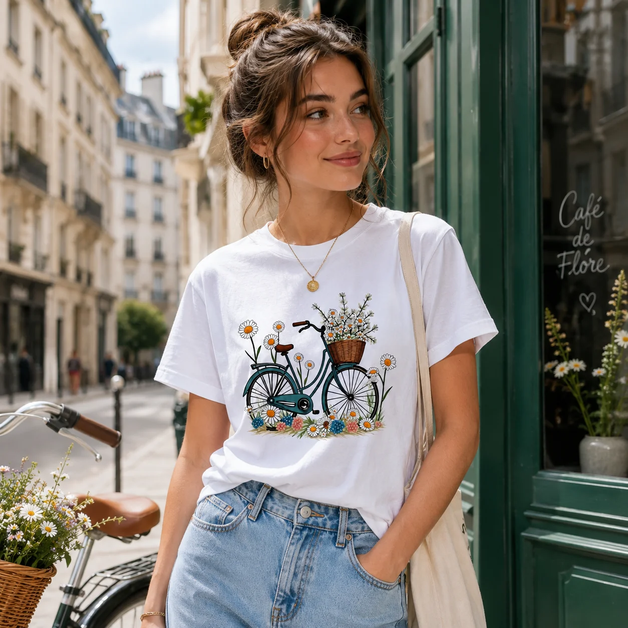 Women's Retro Bicycle Daisy Flower Pattern T-shirt Soft Cotton Round Neck Short Sleeve Cottagecore Casual T-shirt Top