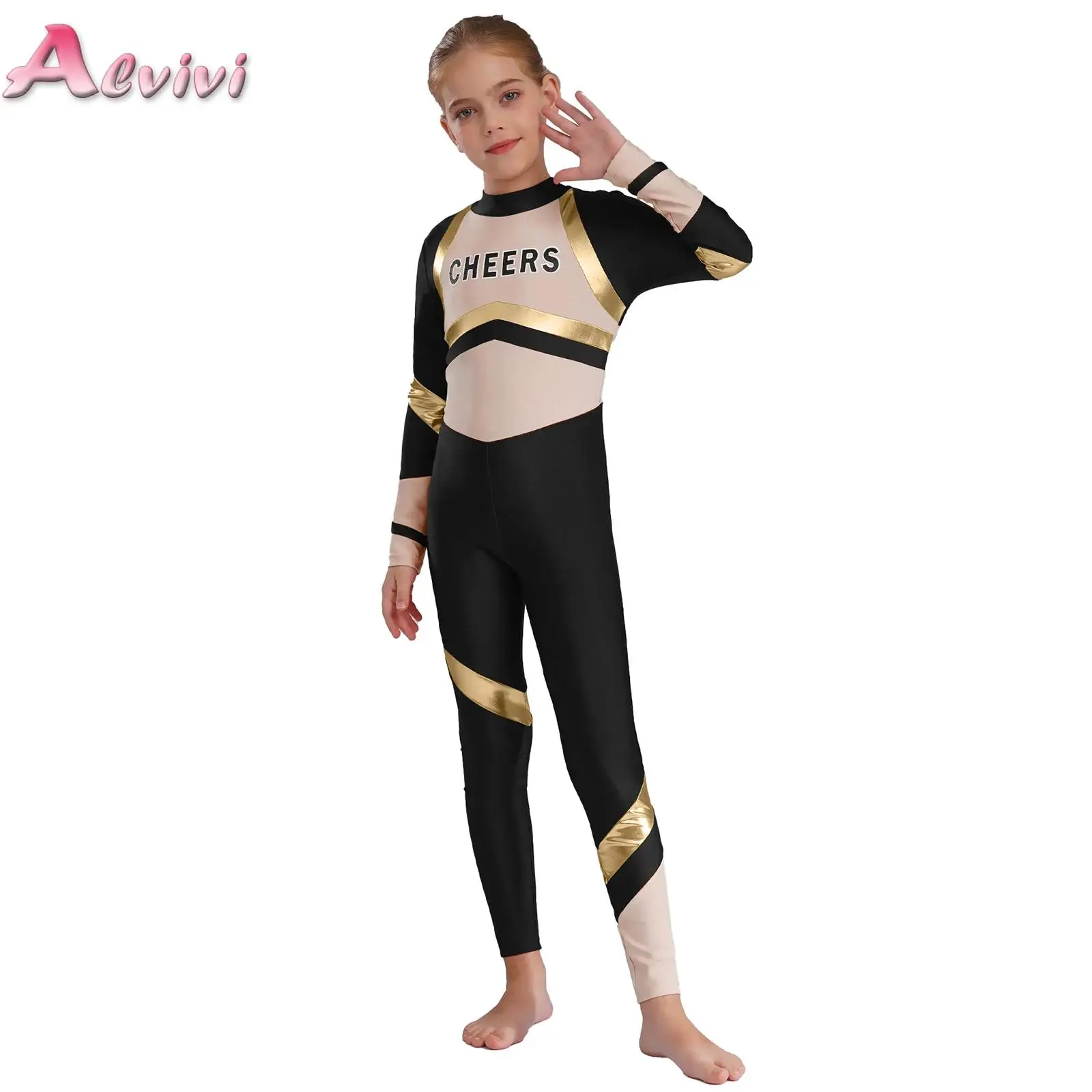 

Kids Girls Cheer Letters Printed Jumpsuit Long Sleeve Color Block Bodysuit for Rhythmic Gymnastics Ballet Dance Cheerleading