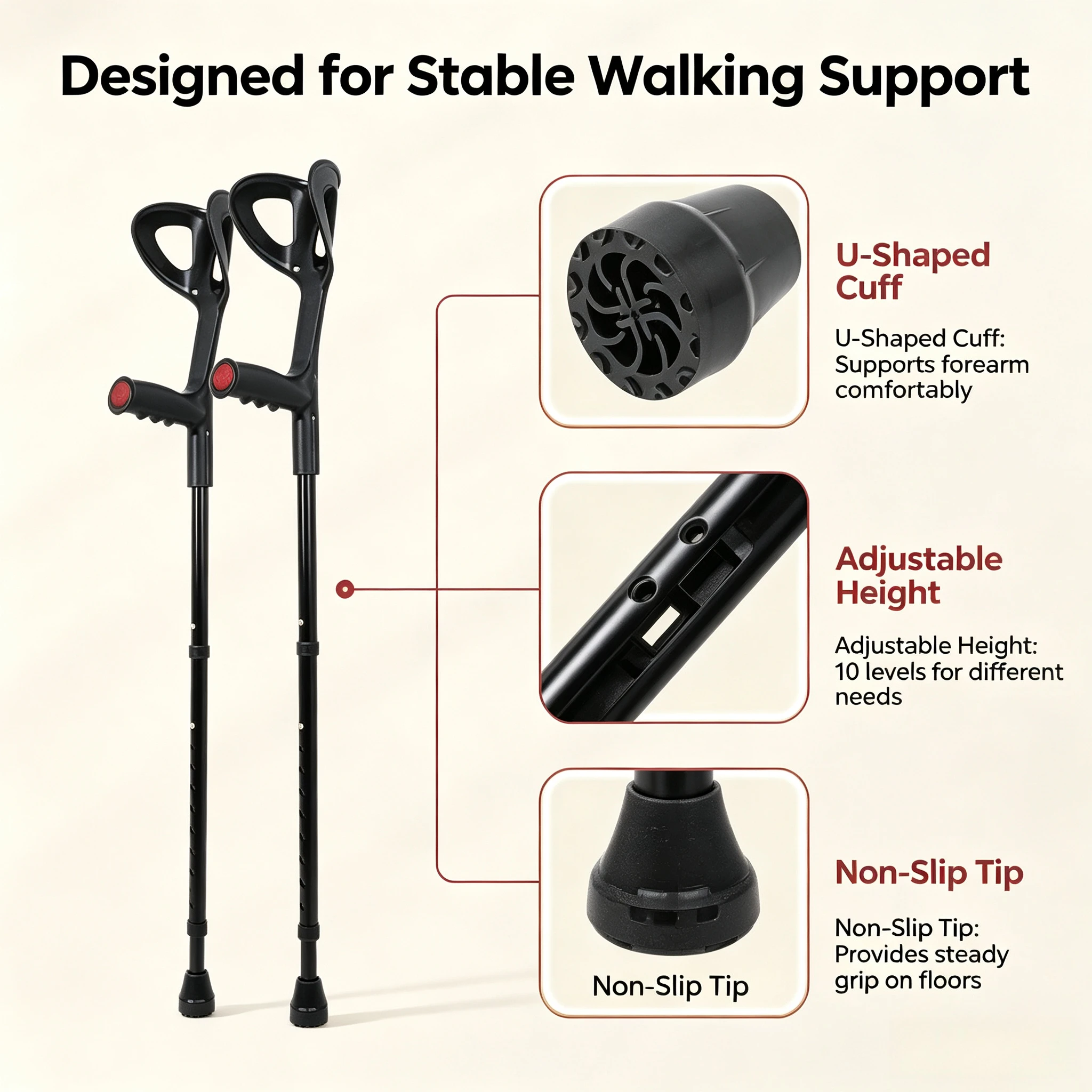 Folding Elbow Crutch Forearm Support Walking Aid Anti Slip Fracture Rehabilitation Lightweight Mobility Adjustable Durable Cane