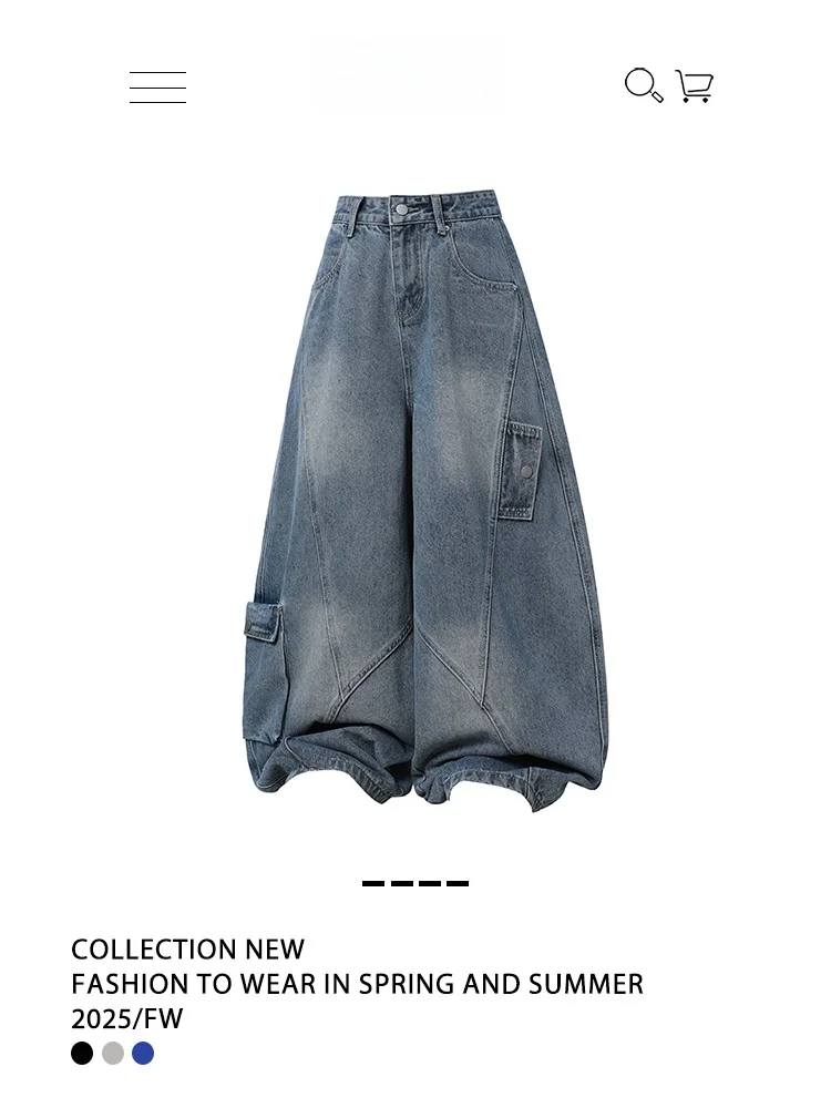 

Мужские джинсы Free Center в американском ретро-стиле, рабочие, из денима, с широкими штанинами, повседневные, хлопковые, с высокой талией, с множеством карманов