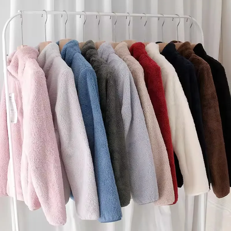 Cappotto caldo da donna in pile polare autunno inverno colletto alla coreana cappotto spesso in peluche giacca casual con cerniera a maniche lunghe moda femminile