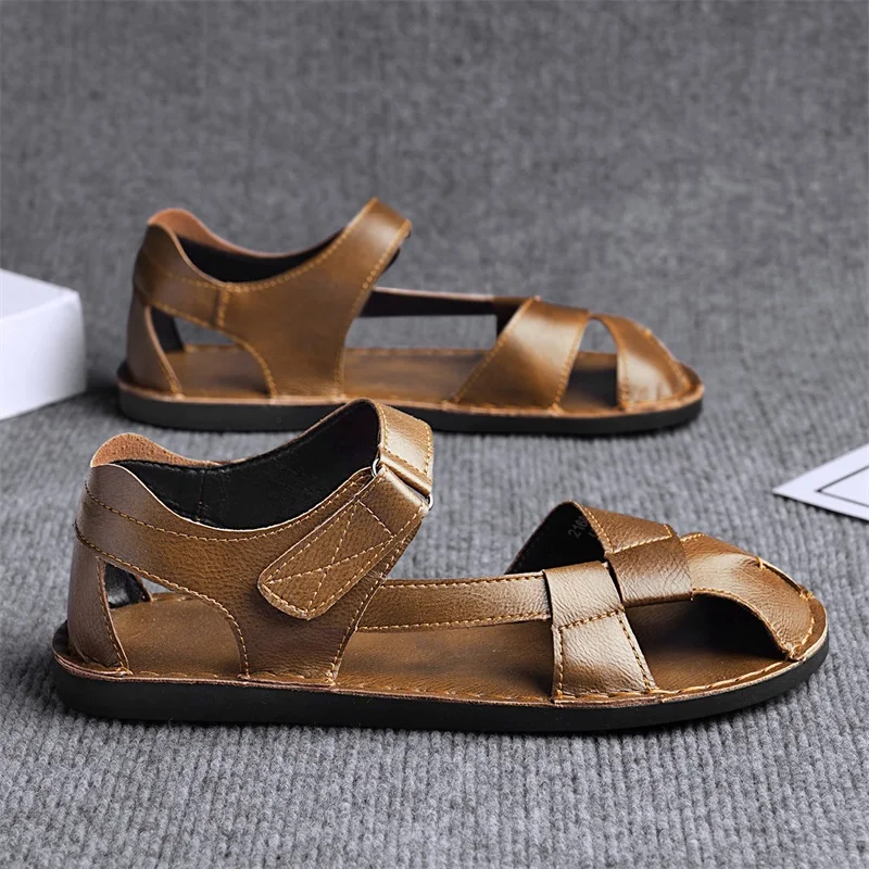 

Мужские кожаные сандалии, модные римские сандалии в европейском стиле, молодежные перфорированные туфли, повседневная обувь больших размеров (47), дышащие