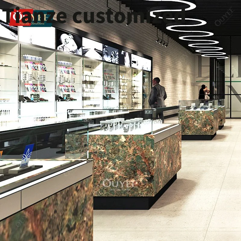 

Customized-Wood Cabinets Smoke Shop Counter Display Stand Display Led Glass Fixtures Cigar Showcase