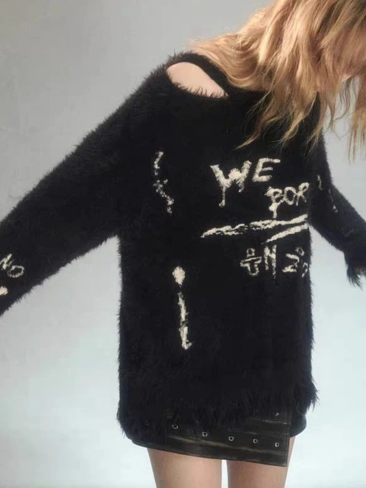 Luźne sweter z dziurami damskie Y2k estetyczne dziergane litery sweter Vintage Sueter Mujer Harajuku Grunge Pull Femme topy sweter