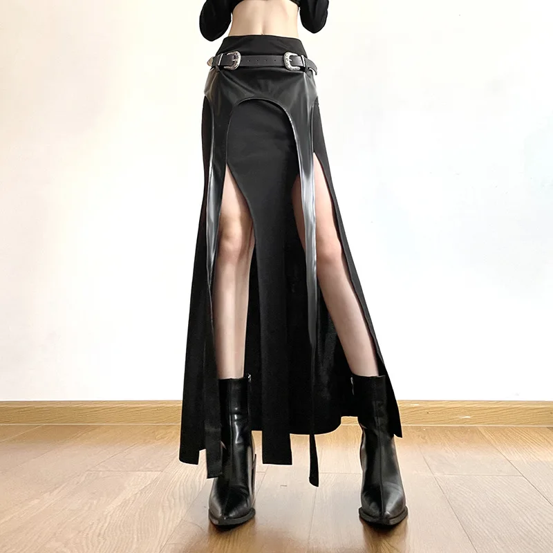 

SKMY 2025 Streetwear Spicy Girl Irregular Leather Splicing Skirt Sexy Slimming Split Hip Bag Long Skirts Black Women Clothing
