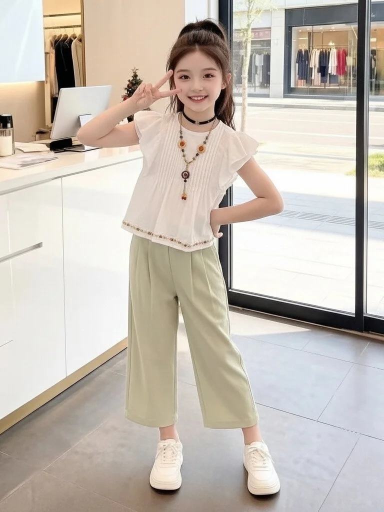 

Girls Summer Fashionable Short Sleeve Shirt And Pants Two-Piece Set Breathable Lightweight Clothing High Waist Nine-Length Tr...