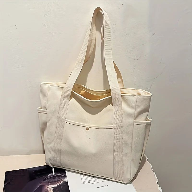 Große Tragetasche mit Reißverschluss - Nylon-Pendlertasche, Beige/Schwarz, Fächer für Uni/Büro/Reisen – Detail 6