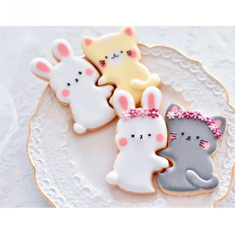 Lover Rabbit Cat Shaped Biscuit Mold Acrylic Cartoon Animal Cookie Cutter and Stamp Wedding Birthday Cake Decorating Baking Tool