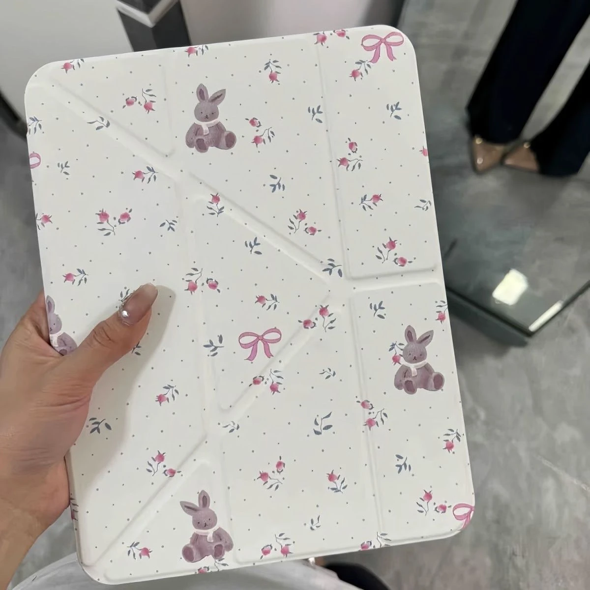 Cute Pink Floral Bunny Bow Tablet Case For iPad Pro 11 12.9 13 A16 M2 M4 M3 M5 Shell 5/6/7/8/9/10/11th Mini Air 3 4 5 6 7 Cover