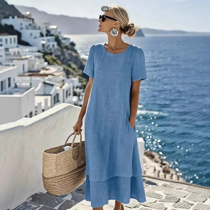 

DressWomen Spring Summer Dress Casual Vacation Style Double Layer Design Round Neck Short Sleeve Dress For Women Fashion Elegant