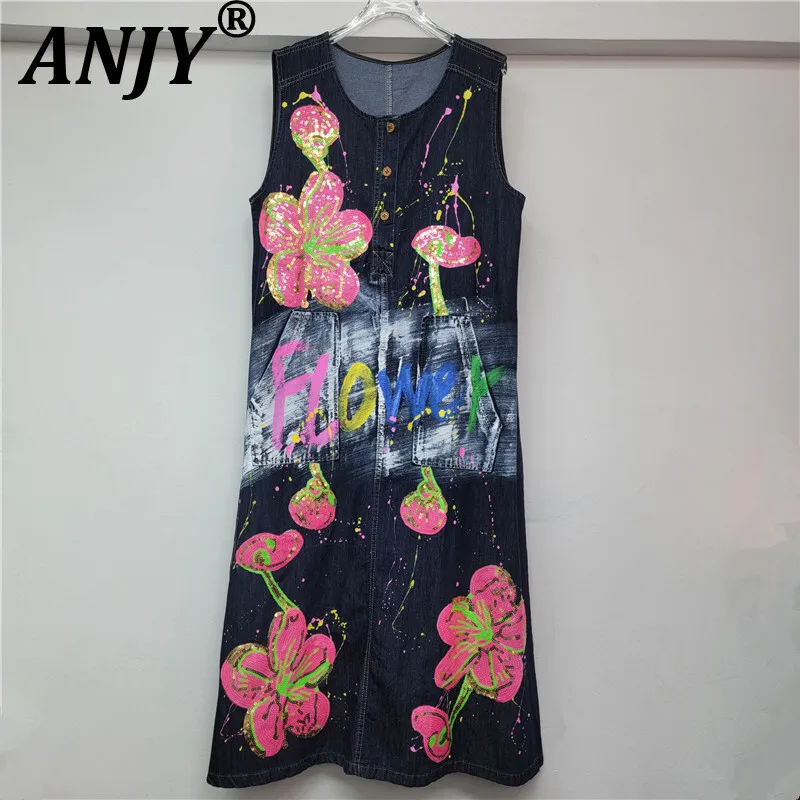 

ANJY, новое летнее женское модное повседневное джинсовое длинное платье без рукавов с круглым вырезом и принтом Y2K, A8406