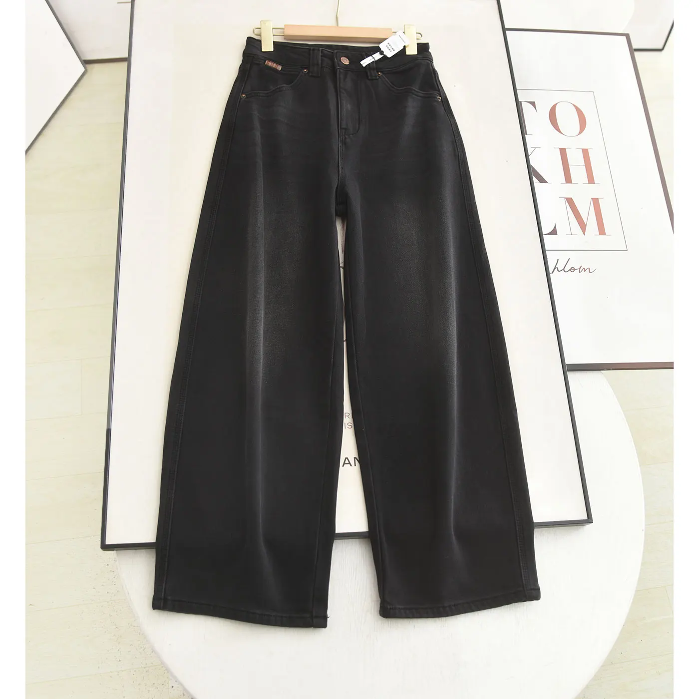 

Джинсы с высокой талией, на флисовой подкладке, широкие, повседневные, универсальные, утягивающие, из денима, для женщин, зимний сезон, комфортная посадка