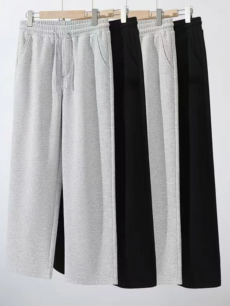 Men Heavyweight Pure Cotton Fleece Sweatpants Autumn Winter Loose Straight Unisex Athletic Trousers