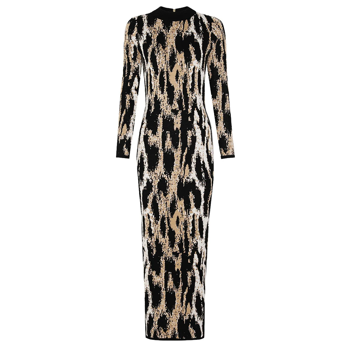 Langes, gemischtes Strickkleid mit Leopardenmuster, Reißverschluss hinten, schmaler Etuirock, O-Ausschnitt, modische Partykleider, Herbst, lange Ärmel, Damenbekleidung