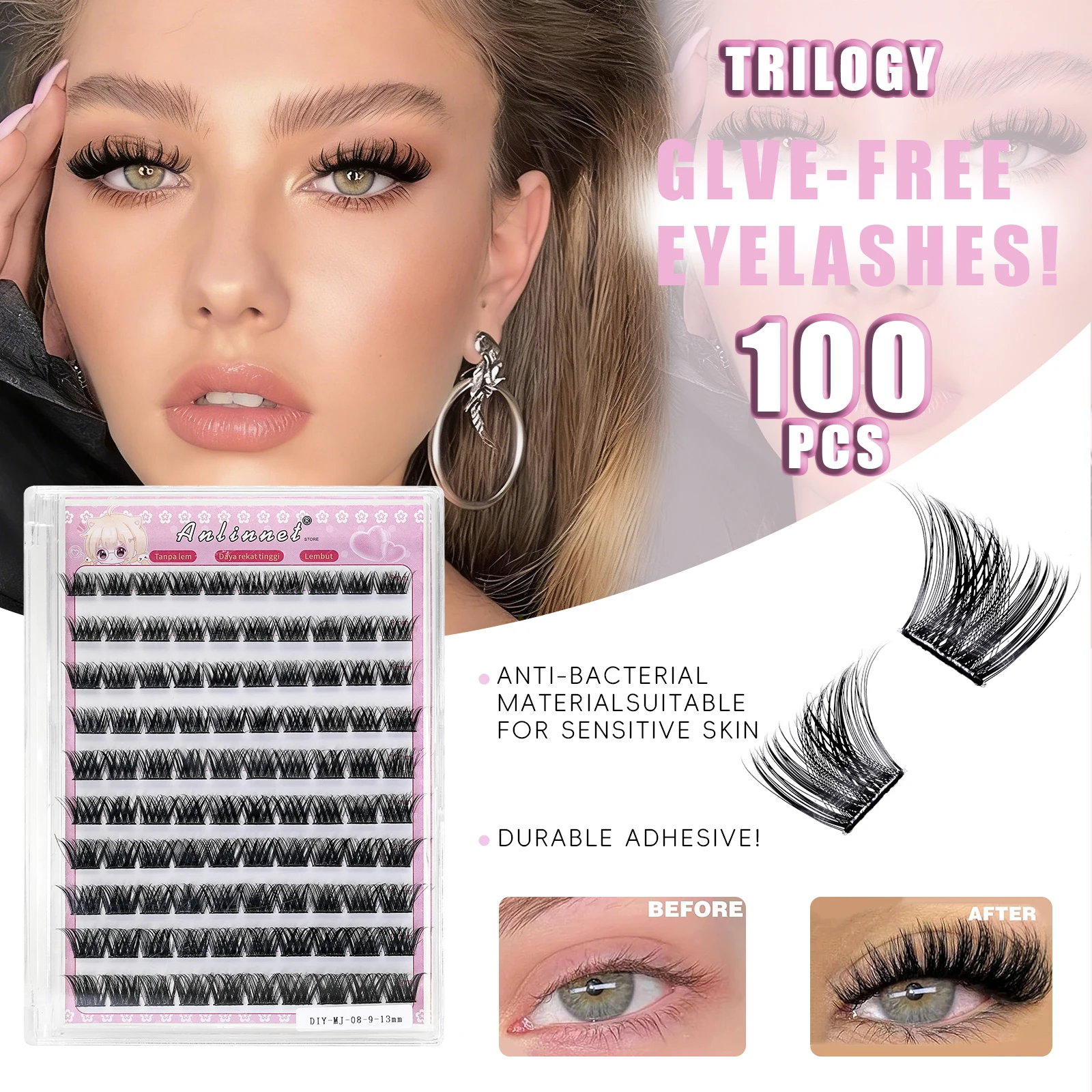 

Manga DIY Lash Extension Kit 100/140 Clusters W Shape 9-13mm 3-Step Easy Application Thick Volume Lashes for Daily Use by Girls