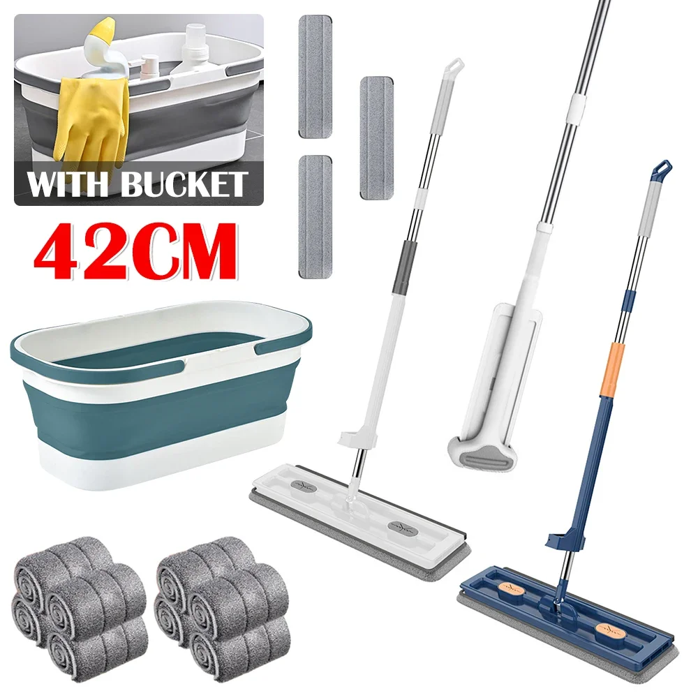 Flat Squeeze Mop With Folding Bucket Hand Free Washing Microfiber Replacement Pad Automatic Spin Floor Mop Household Cleaning