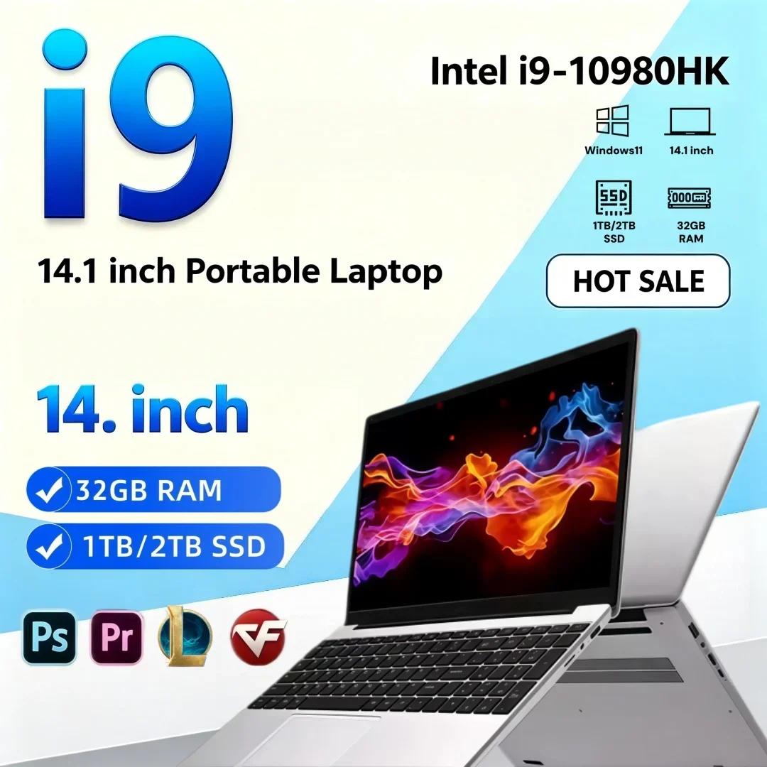 Portable Laptop 14.1 Inch Intel i9-10980HK Fast Boot Office Study Laptop 16GB/32GB RAM Windows11 1/2TB BIG SSD Hot