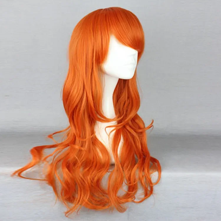 Peluca de anime japonés para mujer, Nami, naranja, pelo largo ondulado, juego de rol para fiesta, disfraces de peluca naranja