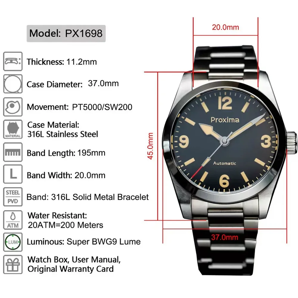 Proxima PX1698 Automatic Men\'s Watch 37mm Vintage Sport Mechanical Wristwatch Sapphire PT5000 SW200 Black Dial 20Bar BGW-9 Lume