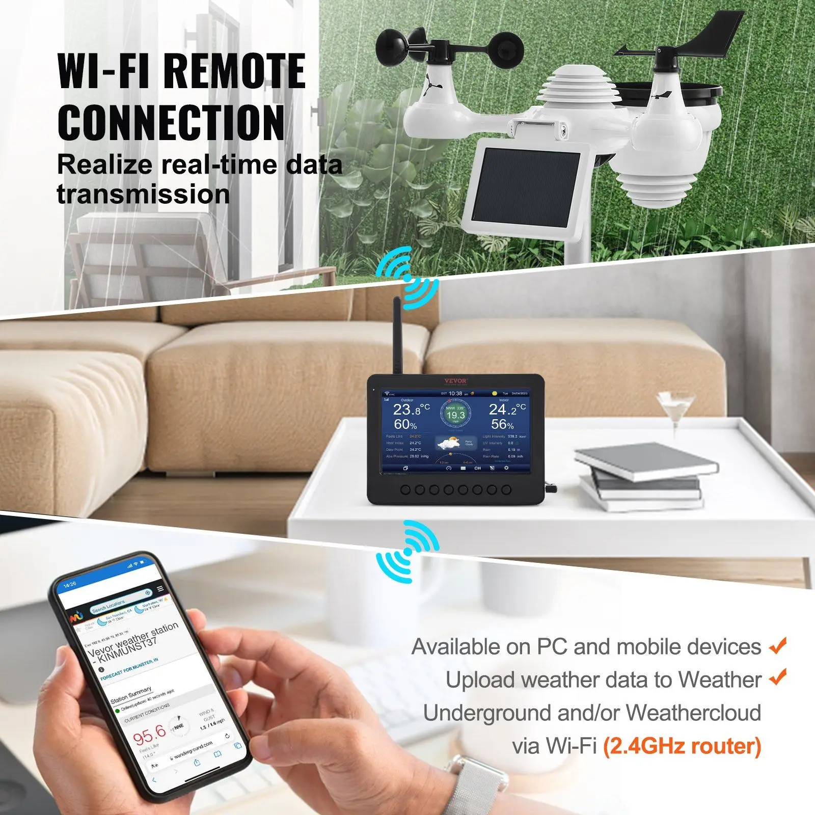 WiFi Weather Station 7-in-1 with Solar Power Wireless Outdoor Sensor Temperature 100m Range Weather Cloud Sync for Home