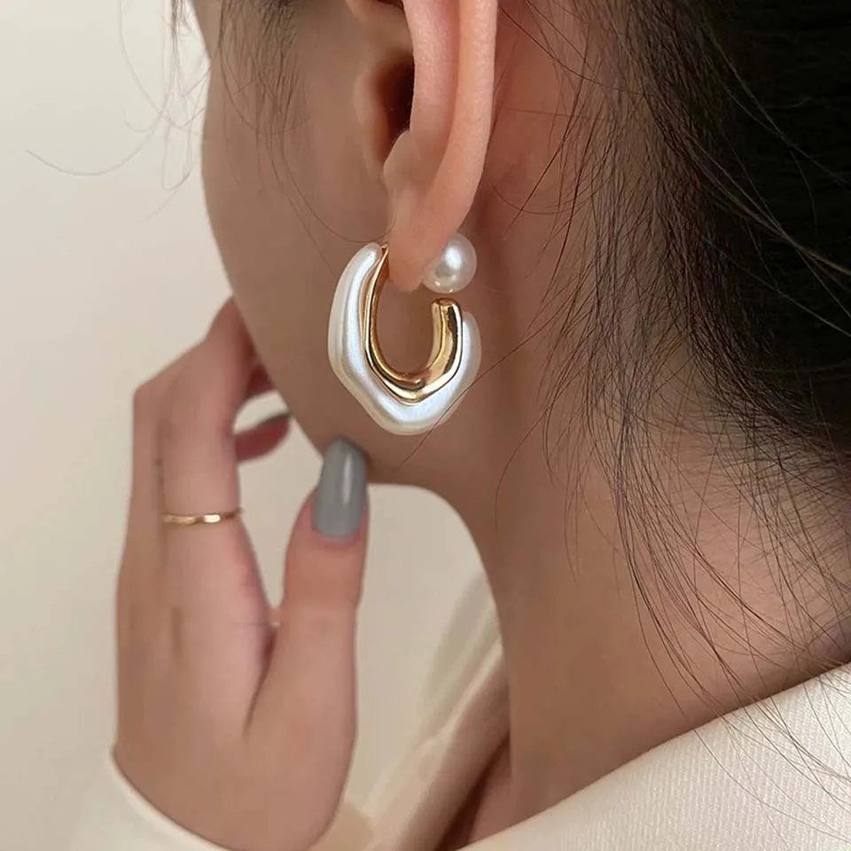 Yupsk New Design Irregular Metal Pearl Earrings for Women Personalized CC Shape Hoop Earring Korean Fashion Jewelry