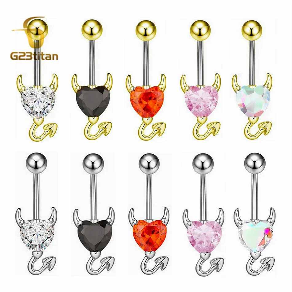 Neo Gothic Zircon Heart Devil Navel Ring Allergy Free Surgery Titanium Barbell 14G Piercing Women Men Teens Belly Button Jewelry