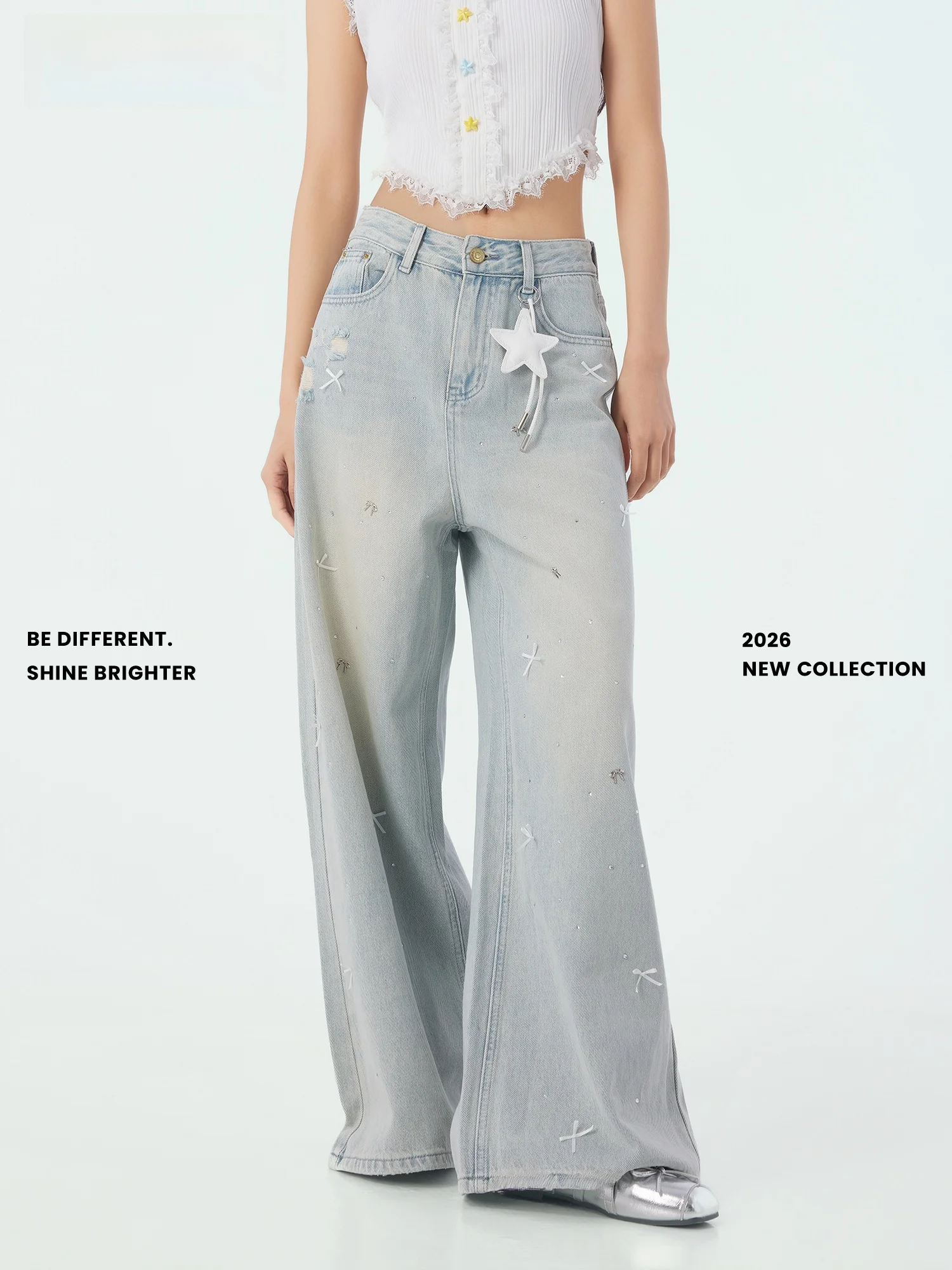 

Summer New Light Blue Bowknot Straight Leg Jeans Wide Leg Pants Bleach Wash Ladies Jeans Cotton Fabric Natural Waist