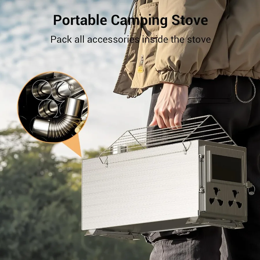 موقد حرق الخشب المحمول المصنوع من الفولاذ المقاوم للصدأ للتخييم في الخيمة: حل تسخين وطهي بسعة كبيرة مع 7 أنابيب مدخنة #5