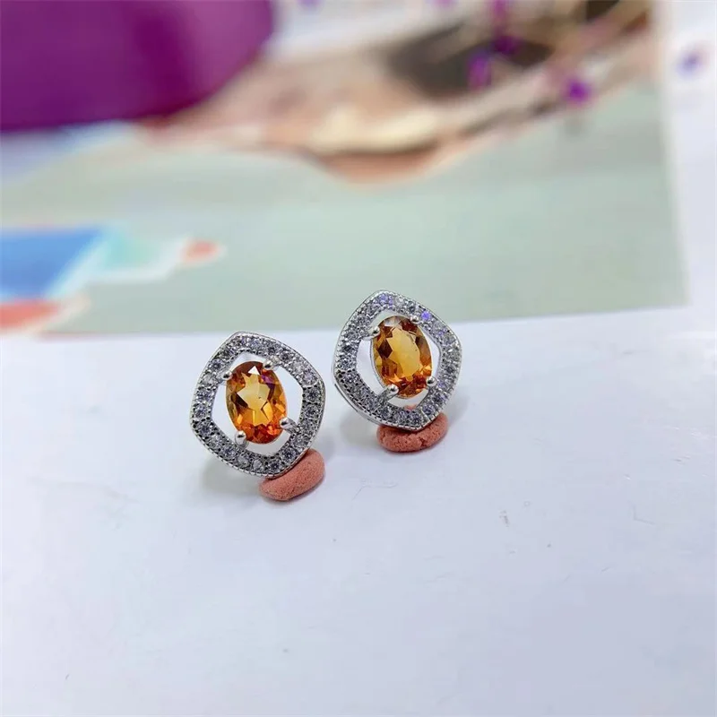 Real 925 Sterling Silver Stud Earrings for Women's Gift 6x4mm Genuine Natural Citrine Original Gemstone  with Certificate